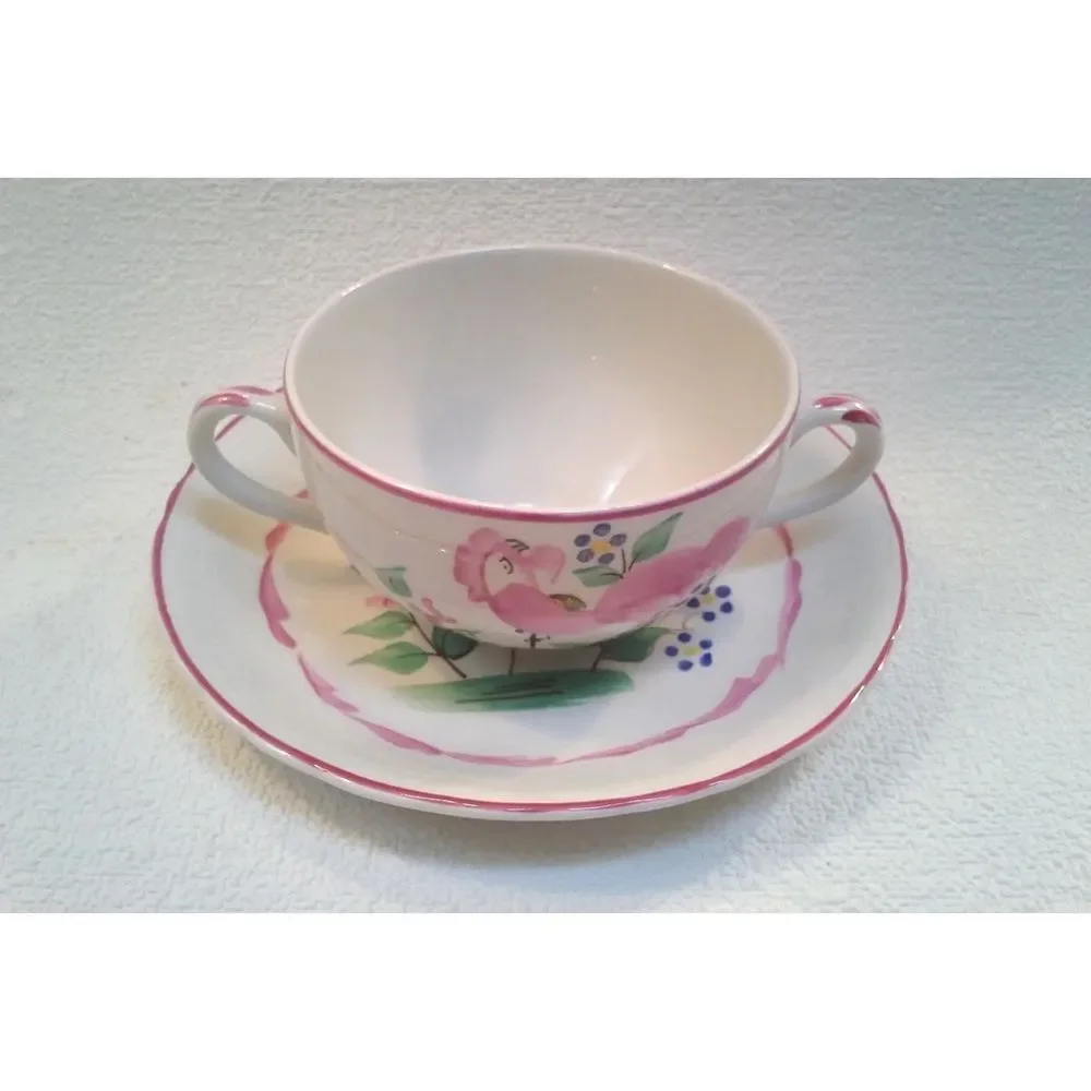 English Chanticleer Cup Saucer  Double Handle Tea Soup Cup Pink Rooster England